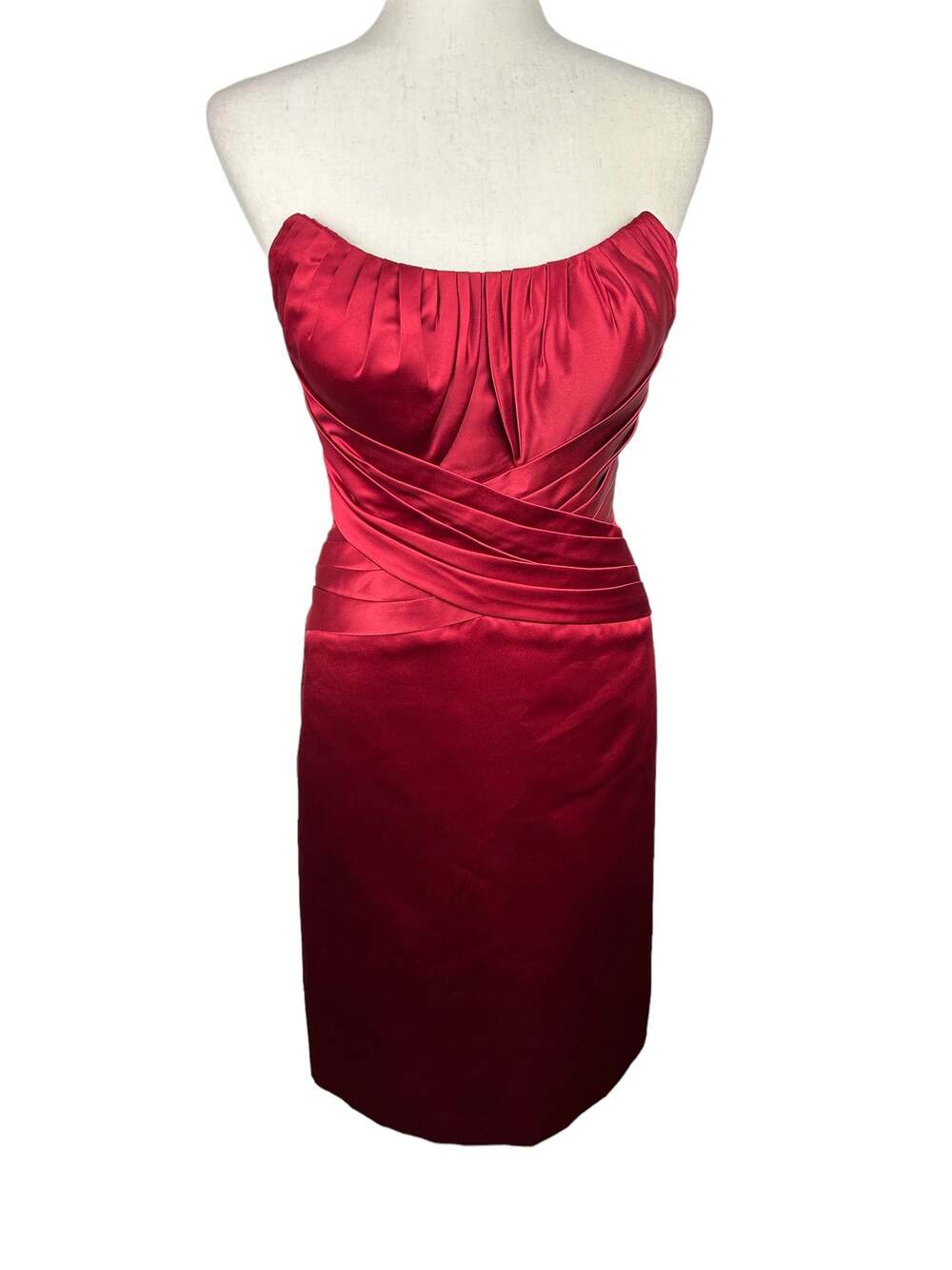 Bill Levkoff Satiny Red Pleat Waist Strapless Cocktail Bridesmaid Dress Sz 4 EUC